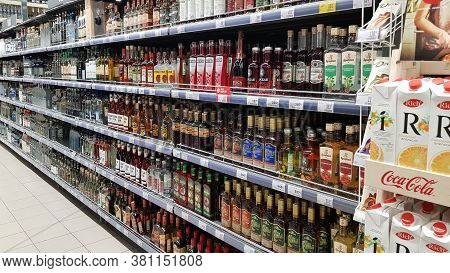 Russia, St. Petersburg 23.04.2020 Department Of Alcohol In The Supermarket During The Epidemic Of Co