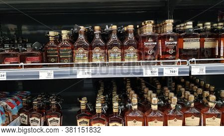 Russia, St. Petersburg 23.04.2020 Department Of Alcohol In The Supermarket During The Epidemic Of Co