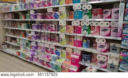 Russia, St. Petersburg 19.03.2020 Shelves With Toilet Paper In A Supermarket During The Coronavirus 