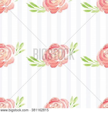 Hand-painted Watercolor Floral Rose Pattern. Illustration Of Decorative Floral Design For Wedding In