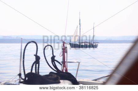 Boat Porthole Sailboat View Blue Ocean Sea Sky Horizon
