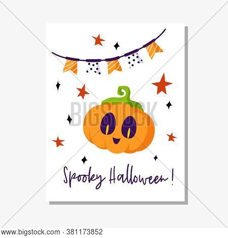Halloween Cartoon Greeting Card Or Nursery Poster - Halloween Carving Pumpkin Lantern With Creepy Fa