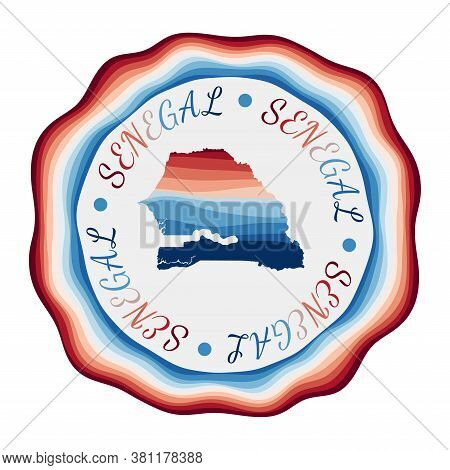 Senegal Badge. Map Of The Country With Beautiful Geometric Waves And Vibrant Red Blue Frame. Vivid R