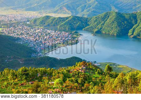 Phewa Lake Aerial Panoramic View. Phewa Lake Or Fewa Tal Is A Mountain Lake Near Pokhara City In Him