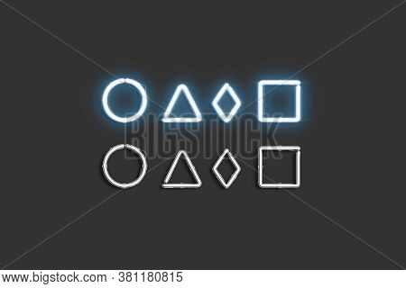 Decorative Small Circle, Rhombus, Triangle And Square Neon Symbol Mockup, 3d Rendering. Electric Gla