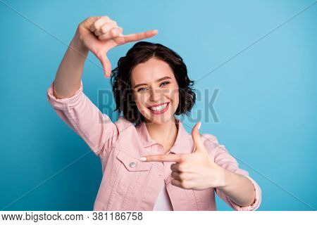Photo Of Beautiful Cheerful Lady Short Black Hairdo Hold Arms Hands Fingers Making Imagination Focus