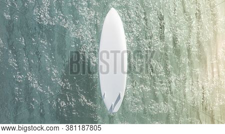 Blank White Surfboard With Fins On Water Surface Mock Up, 3d Rendering. Empty Surfing Plank On Sea W