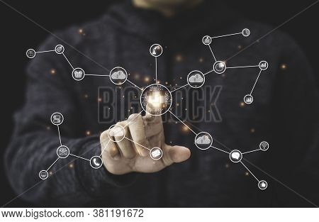 Hand Touching To Virtual Artificial Intelligence With Cloud Technology Transformation .  Cloud Techn