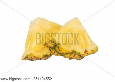 Pineapple Piece Isolated On White Background. Fresh Pineapple Chunk Macro. Full Depth Of Field. Summ