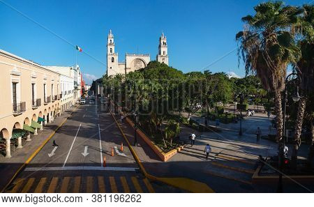 View To The Cathedral Of Merida Over The Main Square Park Plaza Grande From The Olimpo Cultural Cent