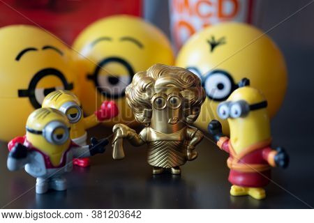 Samut Prakan, Thailand - August 19, 2020 : Happy Meal Collection New Promotions Set Of Minion Toy An