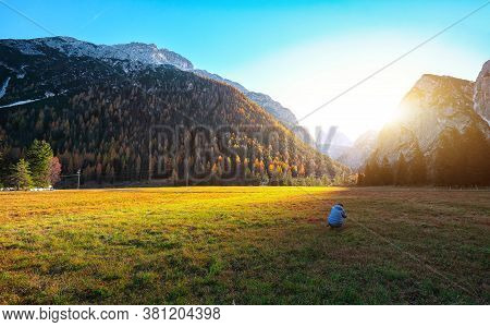 Scenic Image Of Meadow In National Park Tre Cime Di Lavaredo. Location: National Park Tre Cime Di La