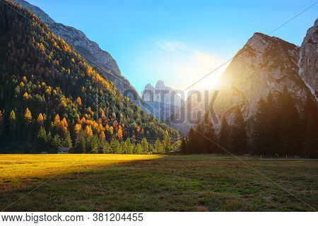 Scenic Image Of Meadow In National Park Tre Cime Di Lavaredo. Location: National Park Tre Cime Di La
