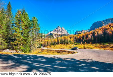Scenic Image Of The Alpine Road  In National Park Tre Cime Di Lavaredo. Location: National Park Tre 