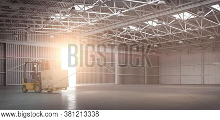 Empty warehouse or storehouse with forklift and sunlight in open gate. 3d illustration