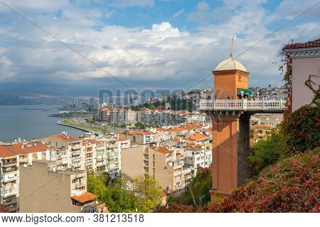 Izmir, Turkey - November 5, 2019: The Historical Elevator in Konak District of Izmir, Turkey. Beautiful top view of Izmir with Historical Elevator.
