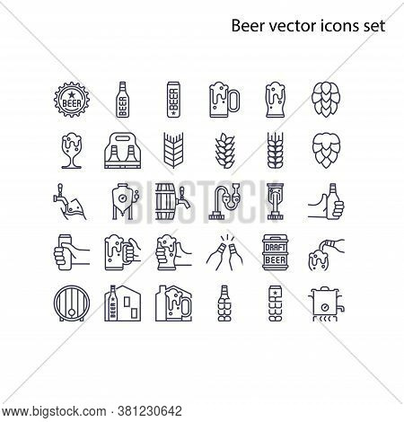 Basic Element Of Beer Vector Icons Set.contains A Bottle, Can, Hop Sign, Barley And Wheat, Fermentat