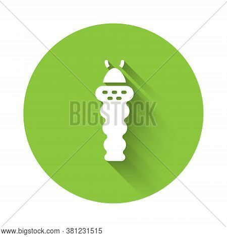 White Larva Insect Icon Isolated With Long Shadow. Green Circle Button. Vector