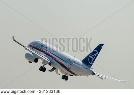 August 30, 2019. Zhukovsky, Russia. Russian Short-range Narrow-body Passenger Aircraft  Sukhoi Super