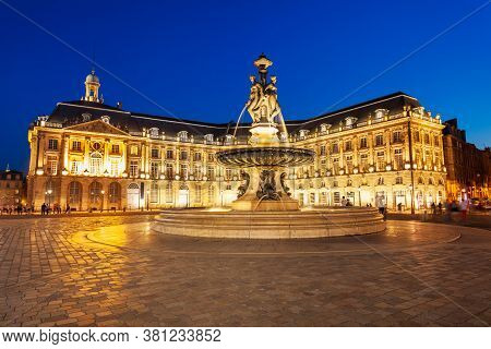 Fountain Of The Three Graces At The Place De La Bourse Square In Bordeaux, France