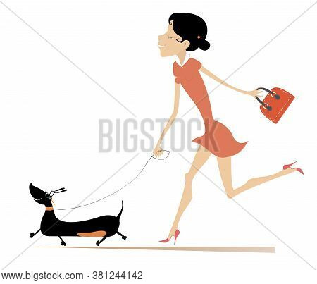Smiling Woman Is Walking With Dog Illustration. Pretty Young Woman With Handbag Walking With A Dog I