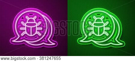 Glowing Neon Line System Bug Concept Icon Isolated On Purple And Green Background. Code Bug Concept.