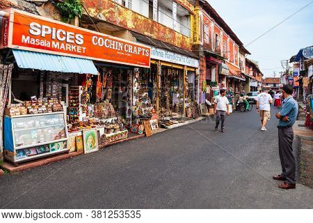 Cochin, India - March 14, 2012: Market Street With Souvenir And Shops In Fort Kochi In Cochin City, 