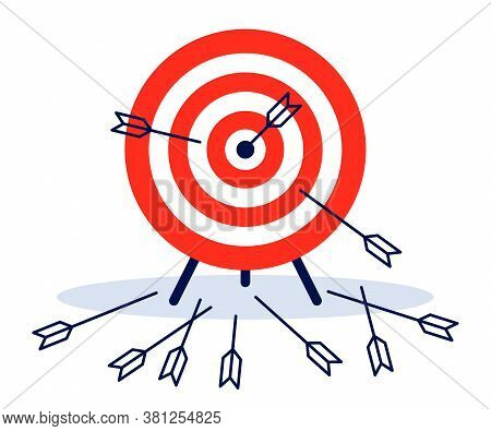 Game Dart. Arrows Missed Hitting Target Mark And Accurate. Multiple Failed Inaccurate Attempts To Hi