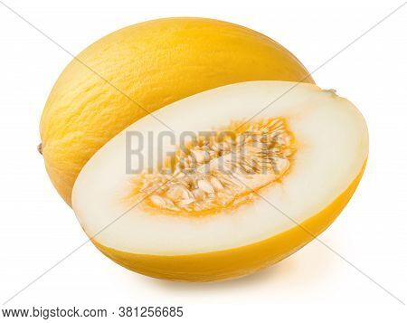 Fresh Yellow Ripe Whole And Half Of Honeymelon Isolated On A White Background. Design Element For Pr