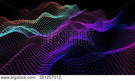 Sea Waves From Node. Hud Data Dots Flow. Research Points Stream. Big Data Visualized For The Present