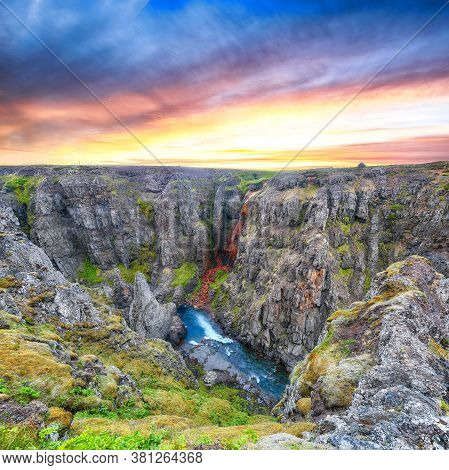 Astonishing View Of  Kolugljufur Canyon And Kolufossar Falls. Kolugljufur Gorge Is Located On River 