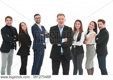 Confident business team stands over white backgound