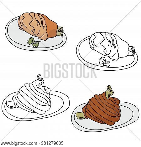 Set Of Color And Outline Drawings Of Meat Dishes, Fried Pork Knuckle, Hearty Meat Dish On A Plate, V