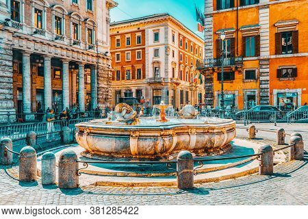 Rome, Italy - May 09, 2017: Fontana Di Piazza Colonna  On Square Column. Rome. Italy.