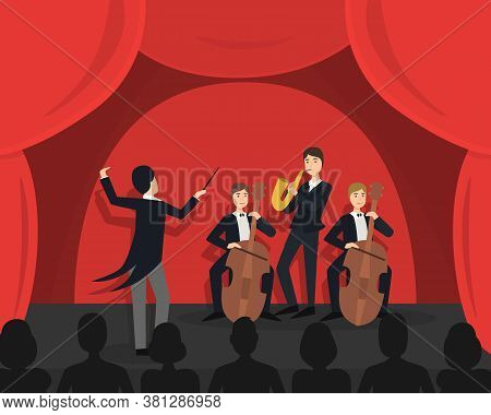 Male Actors Performing Pantomime On Stage At Mime Show Vector Illustration