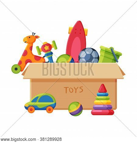 Cardboard Box With Various Colorful Toys, Plastic Container With Scateboard, Giraffe, Pyramid, Ball,