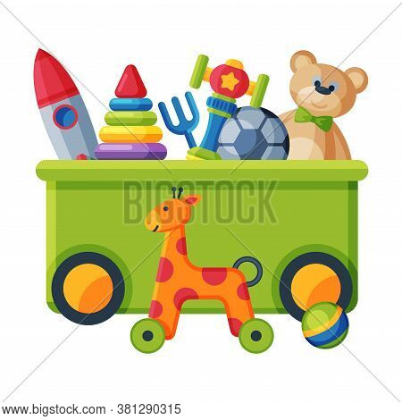 Box With Various Colorful Toys, Plastic Container With Scateboard, Giraffe, Pyramid, Ball, Giraffe O