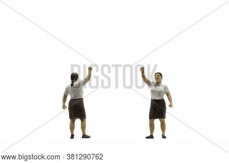 Miniature People , Protester Isolated On White Background With Clipping Path