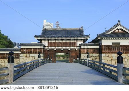 August 5, 2020, Hiroshima, Japan - A view of the entrance of Hiroshima castle and blue sky, in summer.