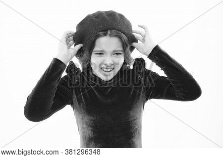 Please No. Childhood Concept. Small Beauty Isolated On White. Kid Has Perfect Skin And Hair. Parisia