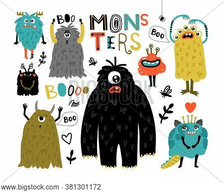 Cartoon Furry Monsters. Cute Creatures With Fun Face, Little Funny Symbols Of Horror, Humor Characte