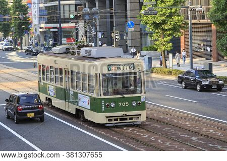 August 5, 2020, Hiroshima, Japan - A Hiroshima Streetcar (hiroden) Run-pass, Through Hondori Street.