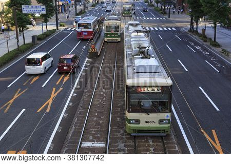 August 5, 2020, Hiroshima, Japan - Hiroshima Streetcars (hiroden) Run-pass, Through Hondori Street.