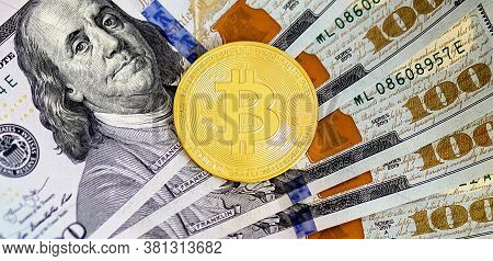 Bitcoins Lie On Dollar Bills Background, Financial