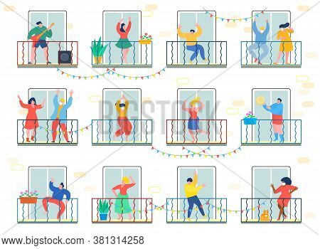 Concept Of Quarantine. People Staing At Home And Dance On Their Balconies. Stay Home Concept. Self I