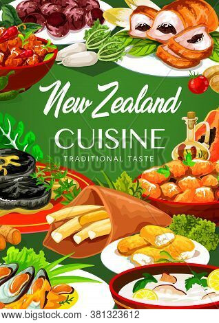 New Zeland Cuisine, Vector Food Pork With Apples And Prunes, Afghan Cookies, Mussels With Cheese, Oy