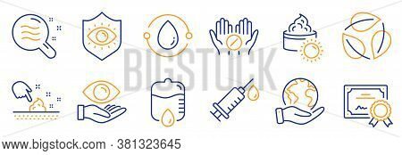 Set Of Healthcare Icons, Such As Cold-pressed Oil, Eye Protection. Certificate, Save Planet. Sun Cre