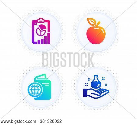 Travel Passport, Report And Apple Icons Simple Set. Button With Halftone Dots. Chemistry Lab Sign. T
