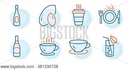 Water Glass, Espresso And Champagne Signs. Takeaway, Coffee Cup And Peanut Line Icons Set. Beer Bott