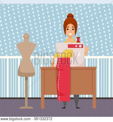Smiling Female Character Manufacturing Clothes, Seamstress Sews Dress In Sewing Machine, Mannequin S